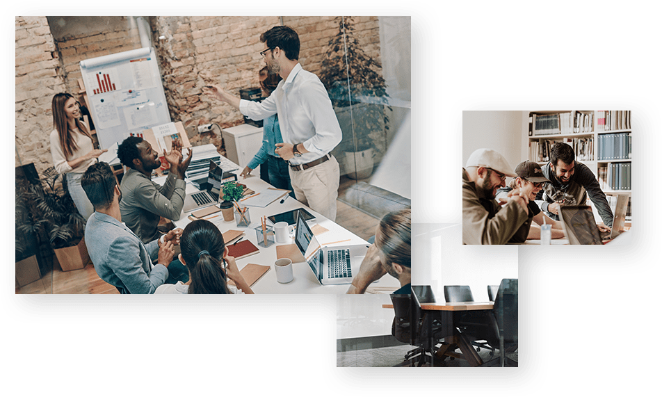 IT consulting team brainstorming with whiteboard, laptops, and on-site tech support in a modern office