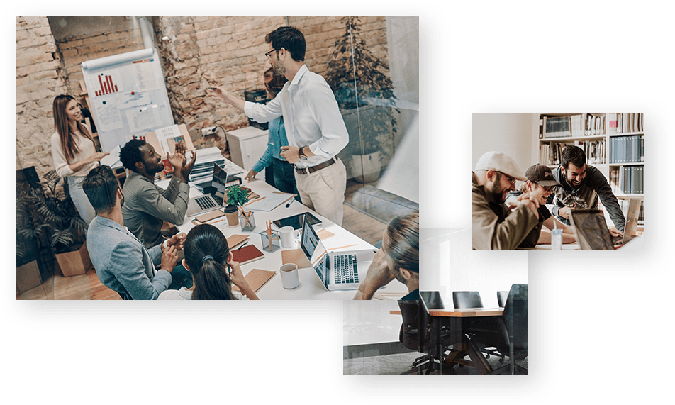 IT consulting team brainstorming with whiteboard, laptops, and on-site tech support in a modern office